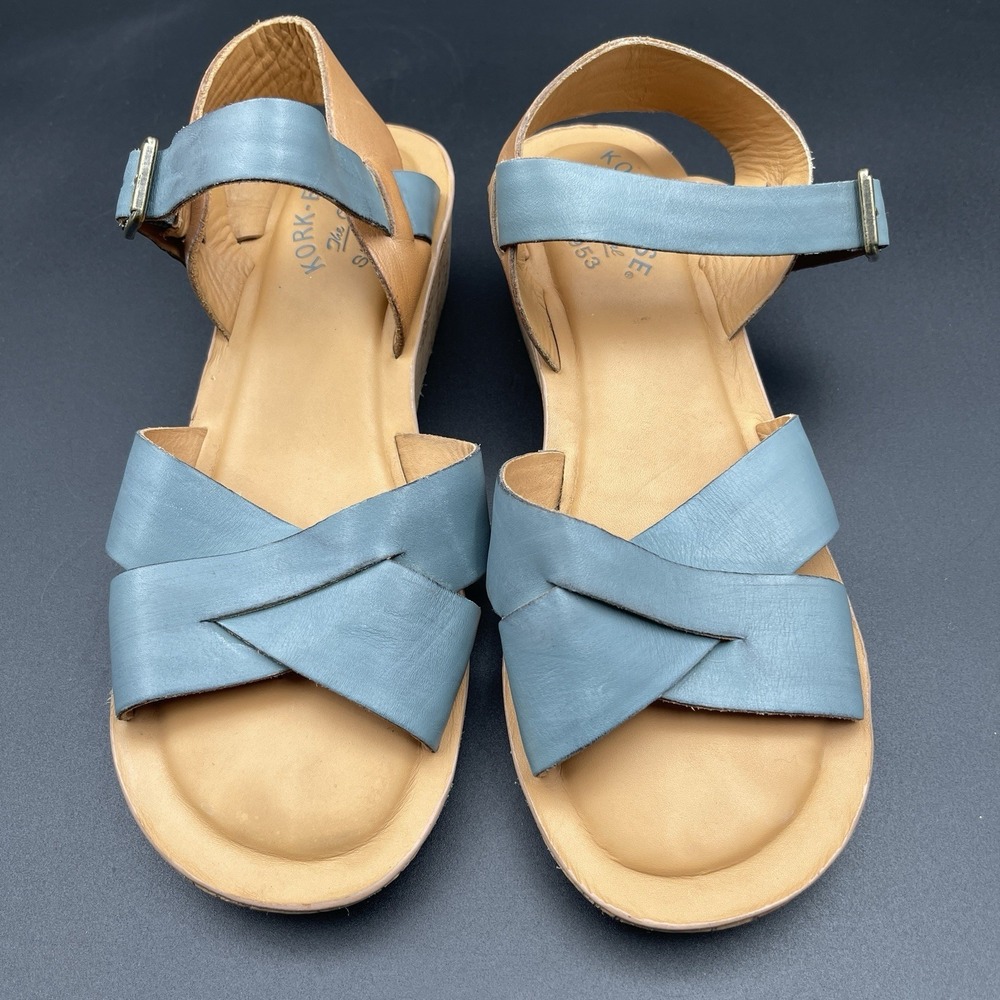 Kork-Ease Blue Leather Cork Wedge Sandals Ankle Strap Womens Size 7
